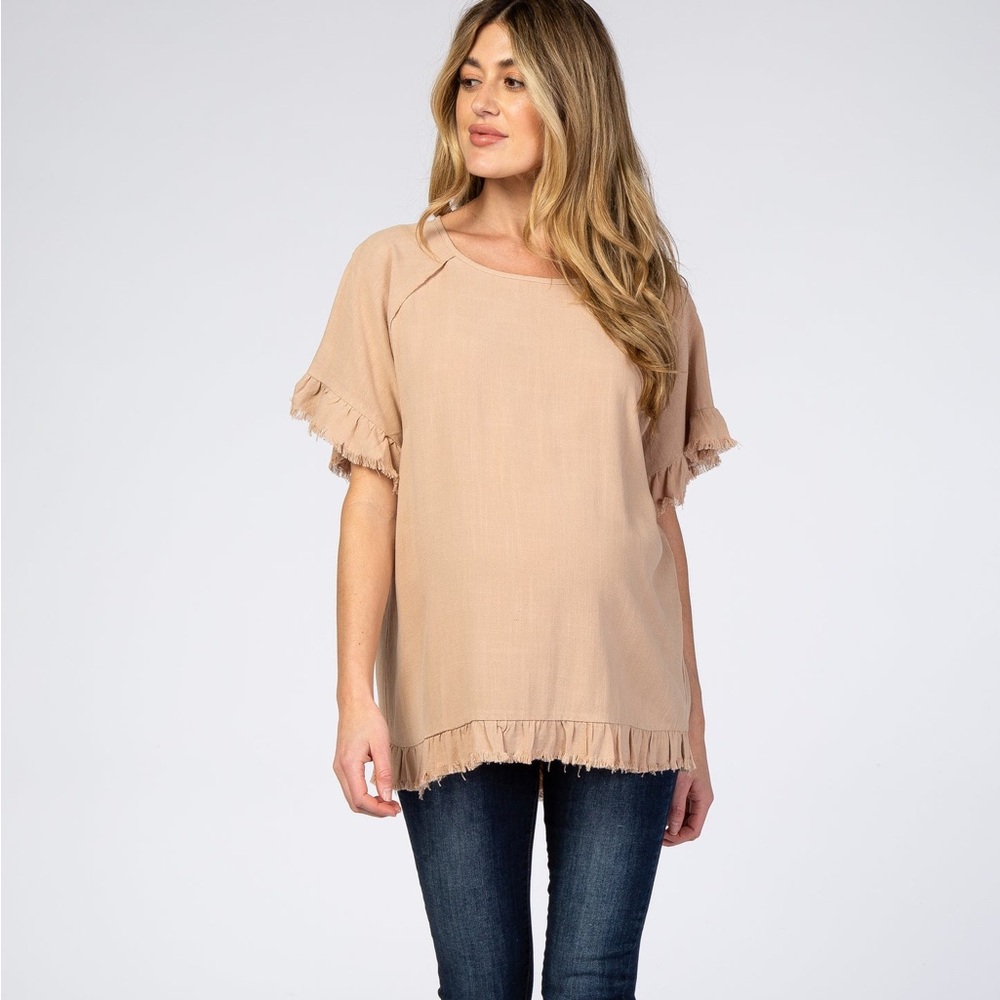 Pinkblush Taupe Short Sleeve Fringe Ruffle Trim Maternity Blouse